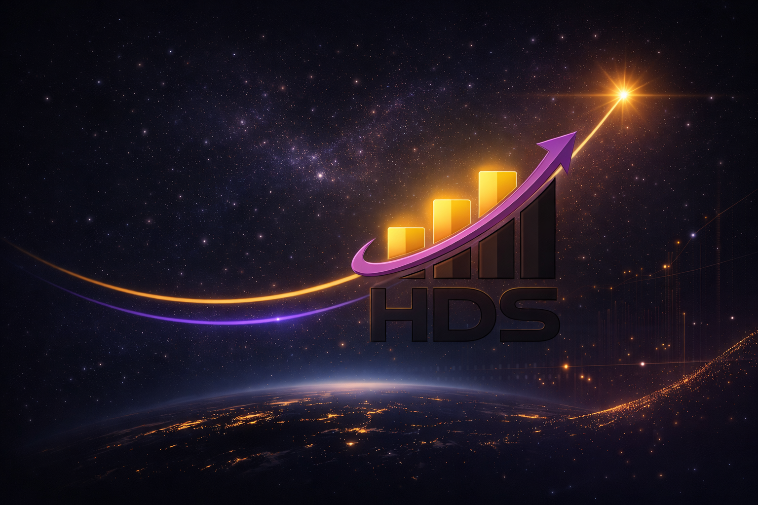 Harris Data Science graphic showing a rising chart arrow over a night-sky backdrop